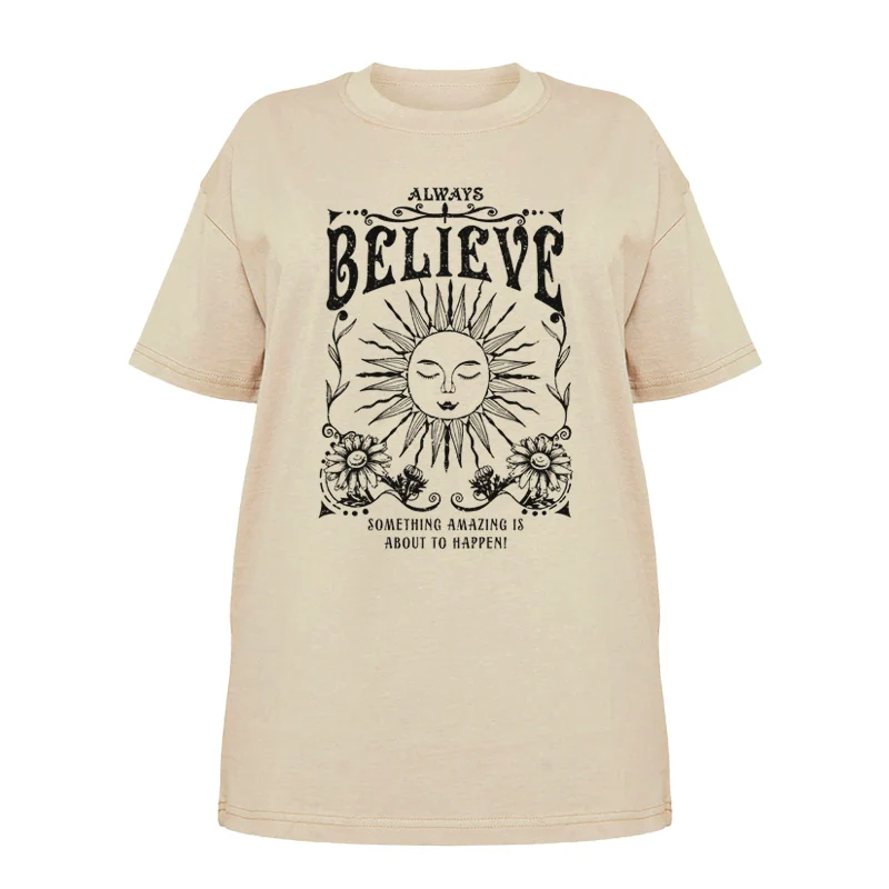 Vintage Witch Tee Shirt Always Believe Women Oversized Inspirational T Shirt Retro Celestial Mystical T-Shirts Hippie Boho Tops