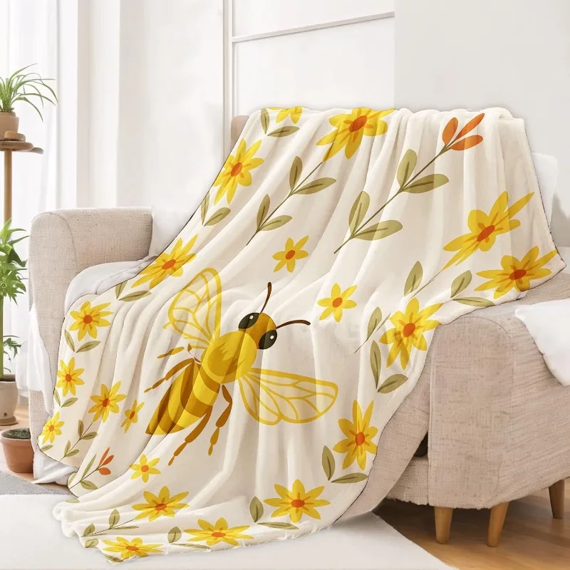 Bienendecke mit Blumenmuster, weich, gemütlich, leicht, Flanell-Überwurfdecke für Wohnzimmer, Schlafzimmer, Reisen, Zuhause, niedliches rustikales Dekor