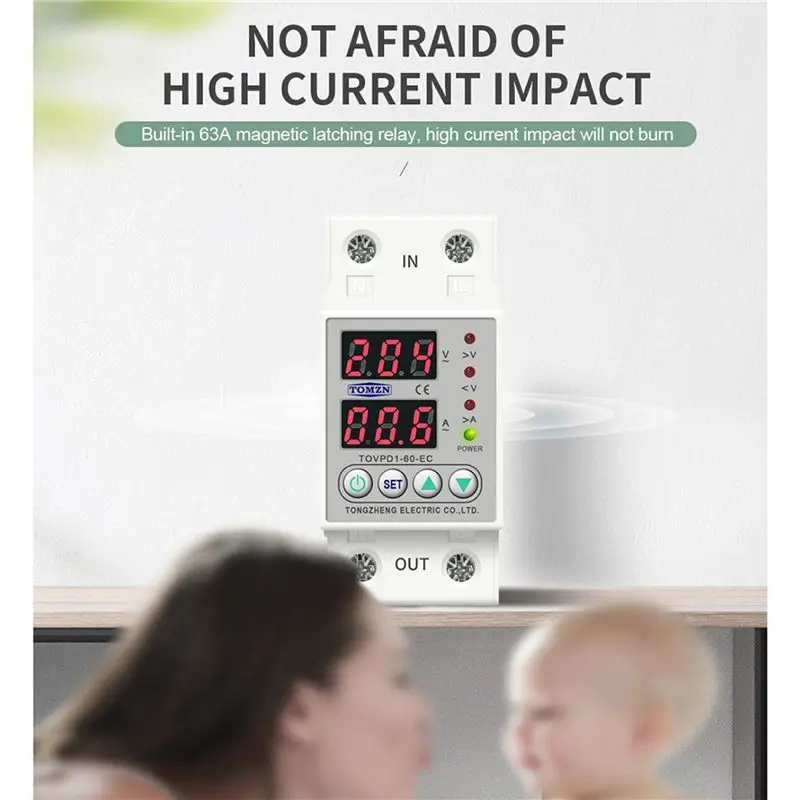 AT29-2X Din Rail Dual Display Adjustable Over Voltage Current And Under Voltage Protector Relay 40A 220V 230V