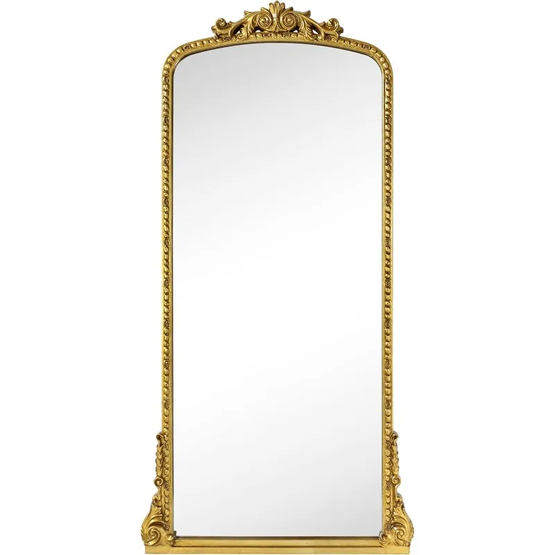 Traditional Ornate Floor Mirror Gold Arched Framed Full Length Wall Mirror Baroque Inspired Full Body Mirror, Antiqued Gold