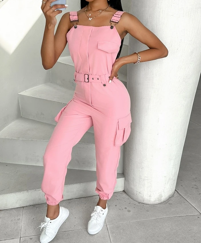 Women's Jumpsuit Summer Solid Sleeveless Square Neck Pocket Buckle Design Casual Suspender Cargo Cuffs Pants With Belt Jumpsuit