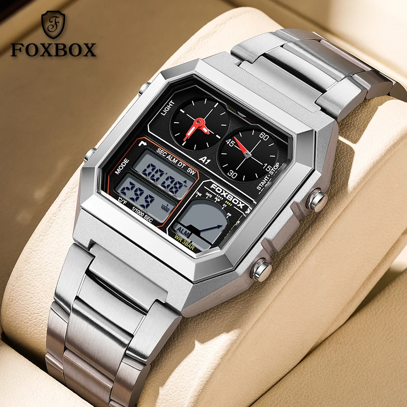 

FOXBOX модные цифровые мужские часы с двойным дисплеем квадратные кварцевые наручные часы мужской хронограф водонепроницаемые часы мужские Reloj Hombre