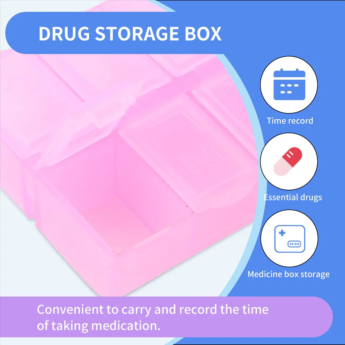 HITL Plastic Rectangle 8 Compartments Medicine Pill Box Pink