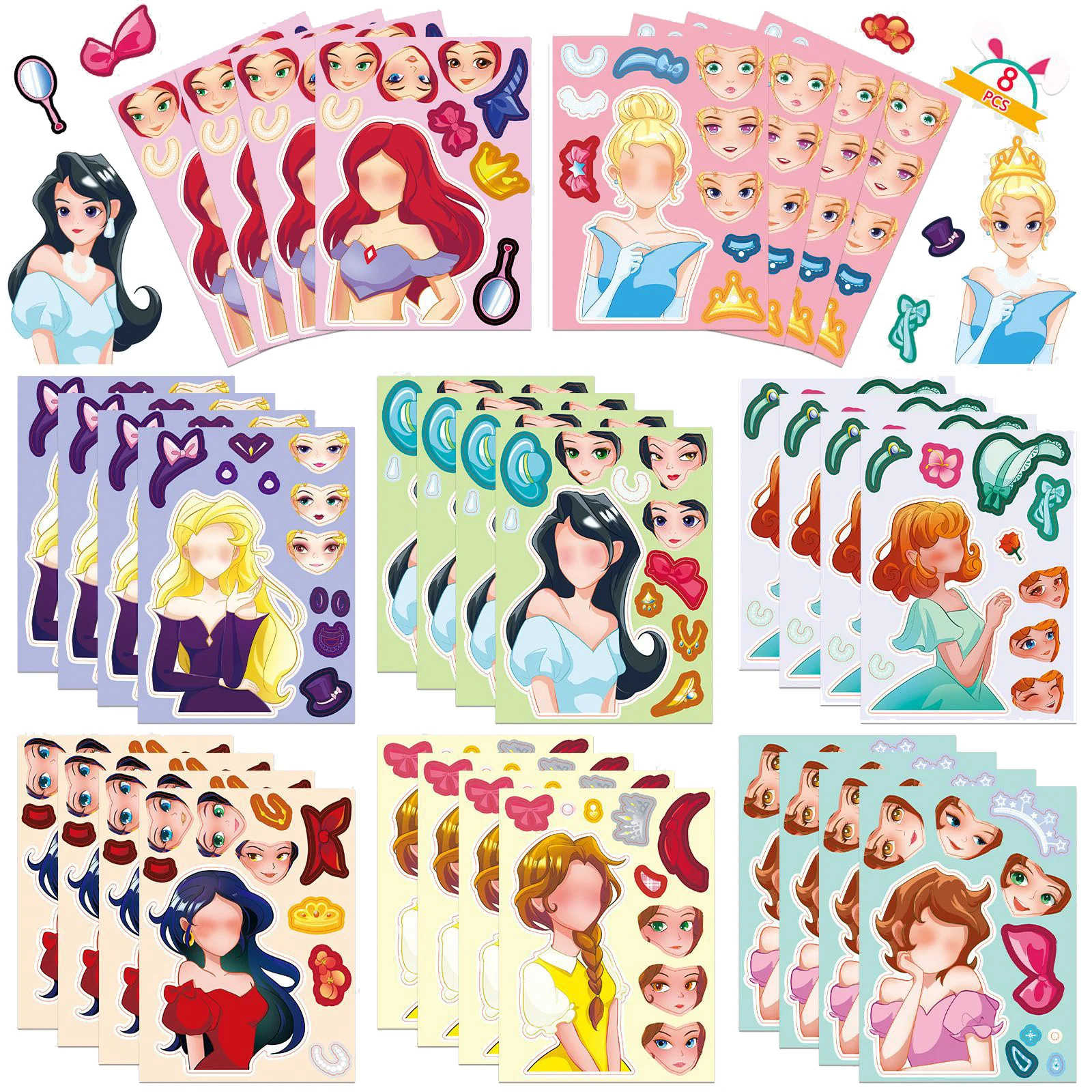 8pcs/Set Cute Kawaii Original Princess Face Changing Stickers Cartoon Cute Doll DIY Laptop Motorcycle Puzzle Stickers Toy Gifts