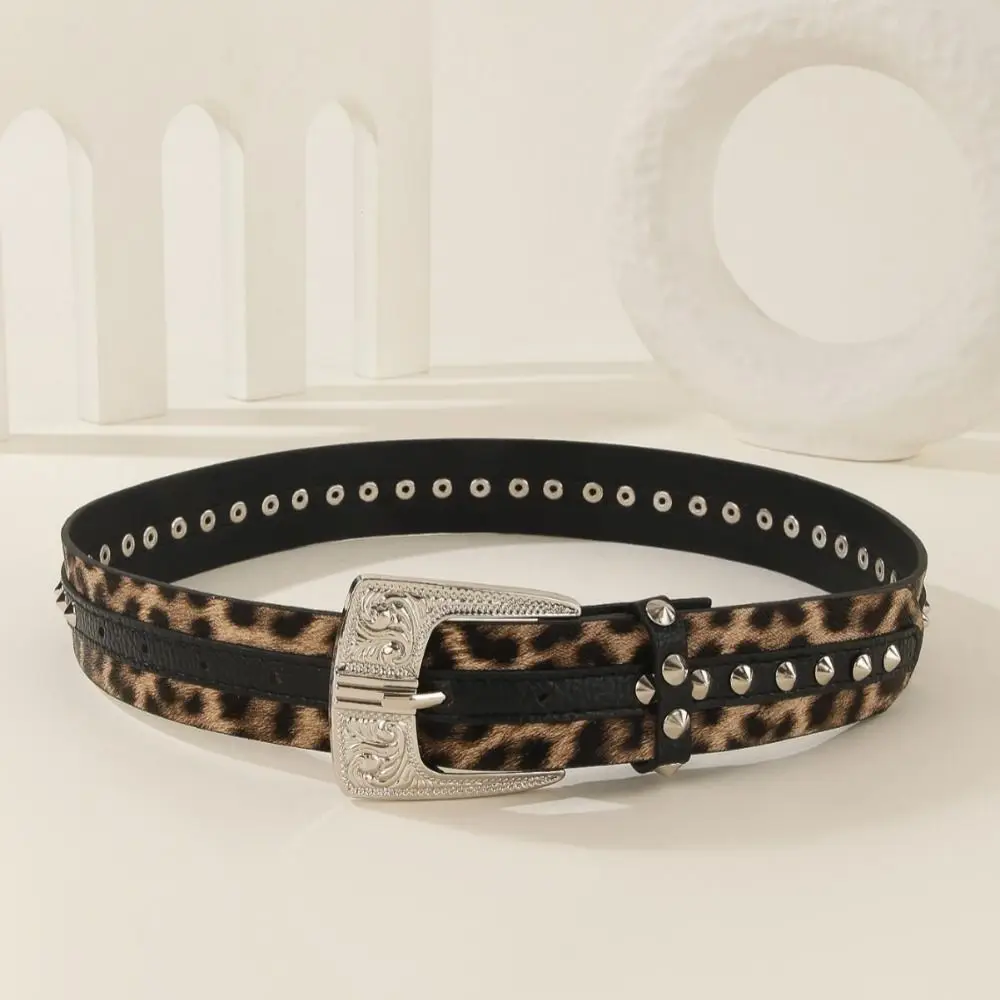 Pin Buckle Leopard Print Belt Rivet Decor Metal Rivets PU Leather Belt Antique Silver Buckle Engraved Design Studded Belt