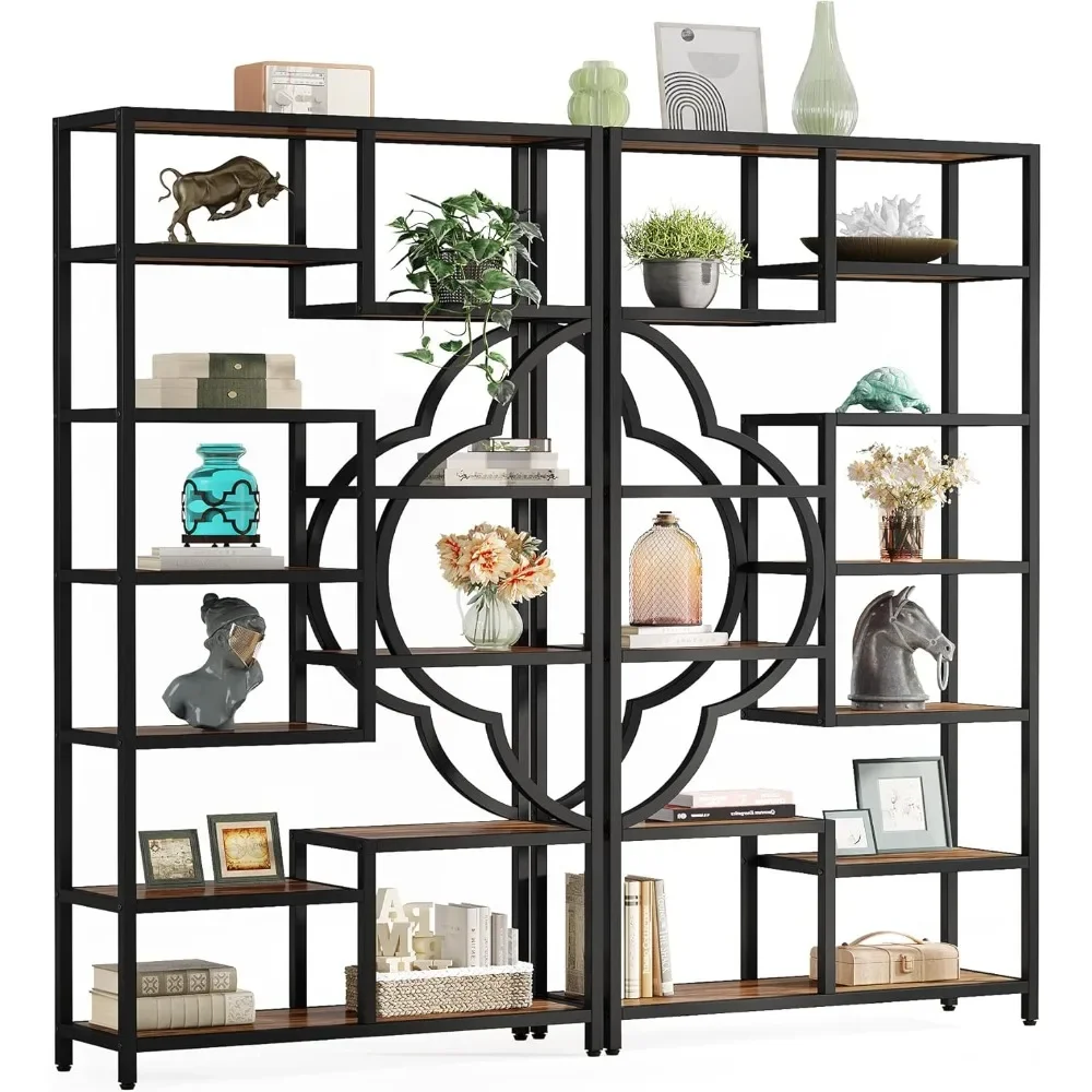 Bookshelf Set of 2,Large Bookcase with Unique Four Leaf Clover Shape Design, Industrial Etagere Display Shelves for Home &Office