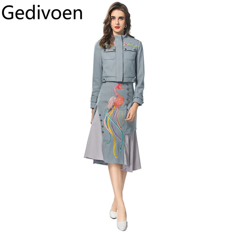 Gedivoen Autumn/Winter Commuter Women's Suit Long-sleeve Stand Collar Tops+Fashion Flounced Edge Skirt Embroidery 2 piece set