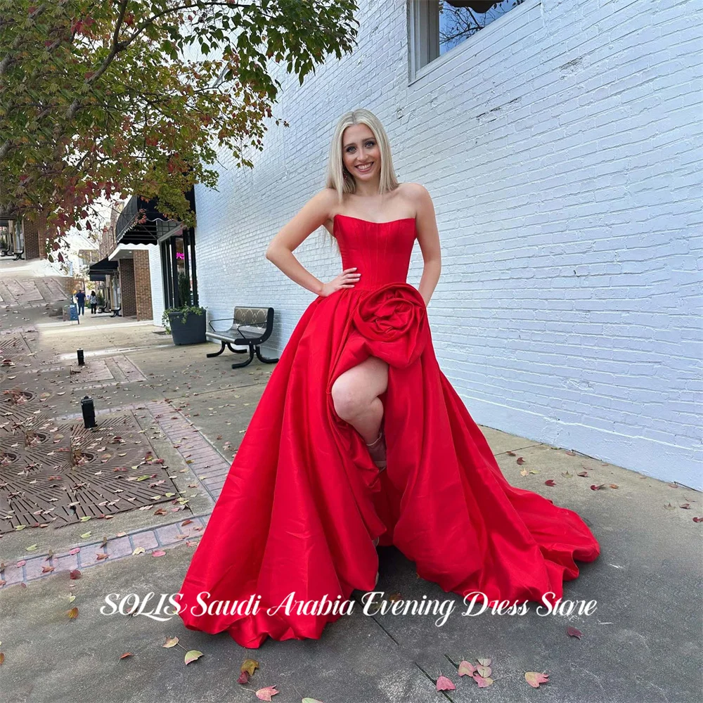 

SOLIS Red Evening Gown Strapless Prom Dress A Line Wedding Evening Dress with 3D Floral robes de soirée Side Split Customized