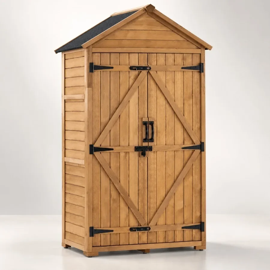Outdoor storage cabinet with 2 shelves, wooden garden tool shed with floor and latch, natural wood color, weather-resistant for