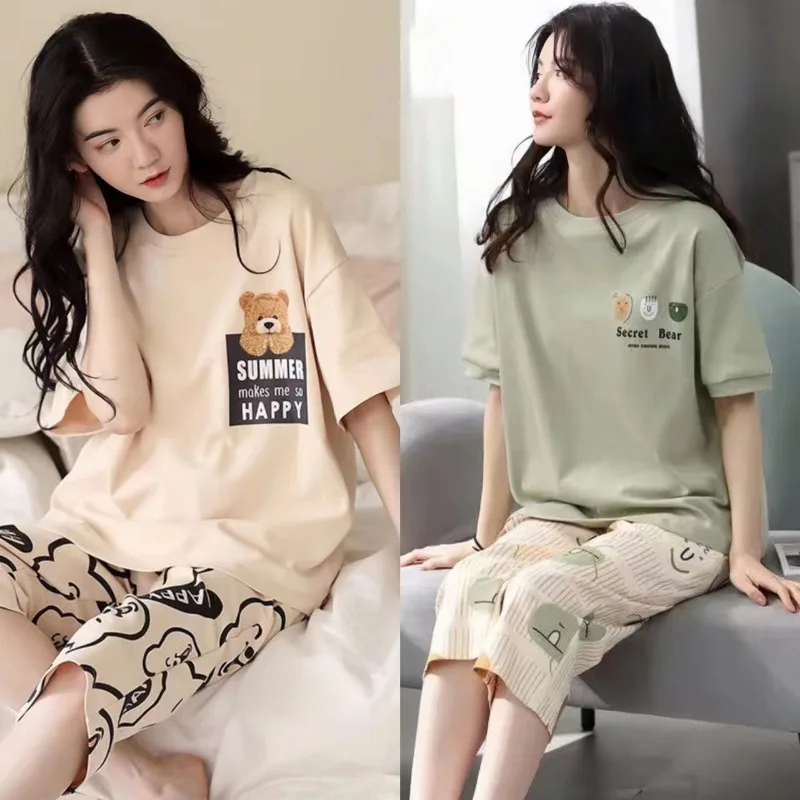 

Women's Summer Sleepwear Short Sleeves Cropped Pants Homewear Korean Version Suitable for Outdoor Leisure Girl Cartoon Pajamas