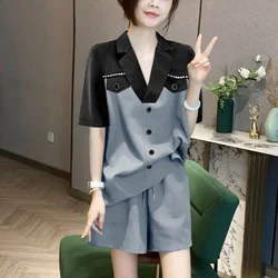 Women's Summer Korean New Suit Collar Pullover Fashion Upscale Button Contrast Panel Tops Elastic Drawstring Casual Shorts Set