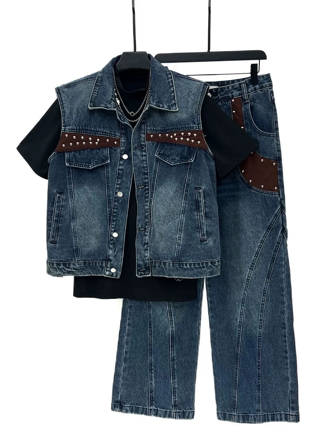 

American Retro Washed Sleeveless Denim Vest Set Loose Wide Leg Pants Two Piece Set for Men Fashionable Youth Clothing