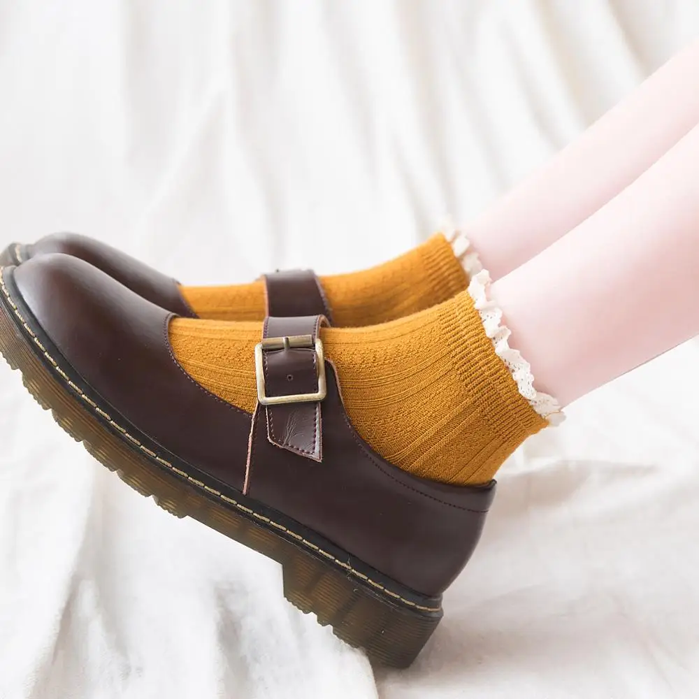 Harajuku أزياء الصلبة لون الحلوى لطيف الفتيات الحلو الكشكشة النساء الجوارب الجوارب القطنية الجوارب الدانتيل #2