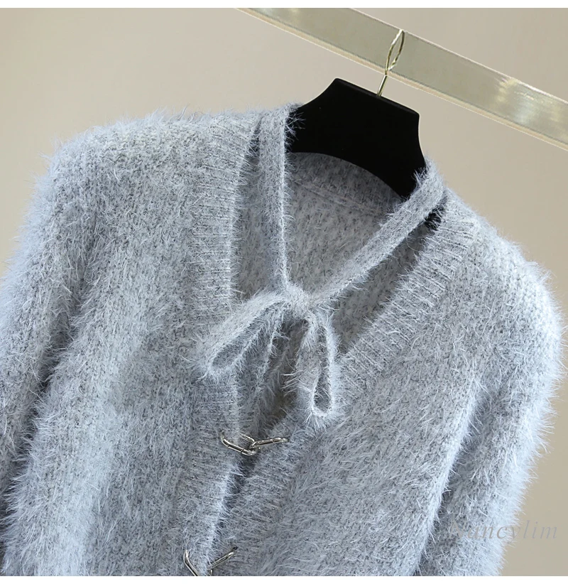 Bow Strap Mohair Knitted Sweater Women Spring Fall High Waist Short Solid Color V-neck Skinny Stretch Grey Cardigan Top