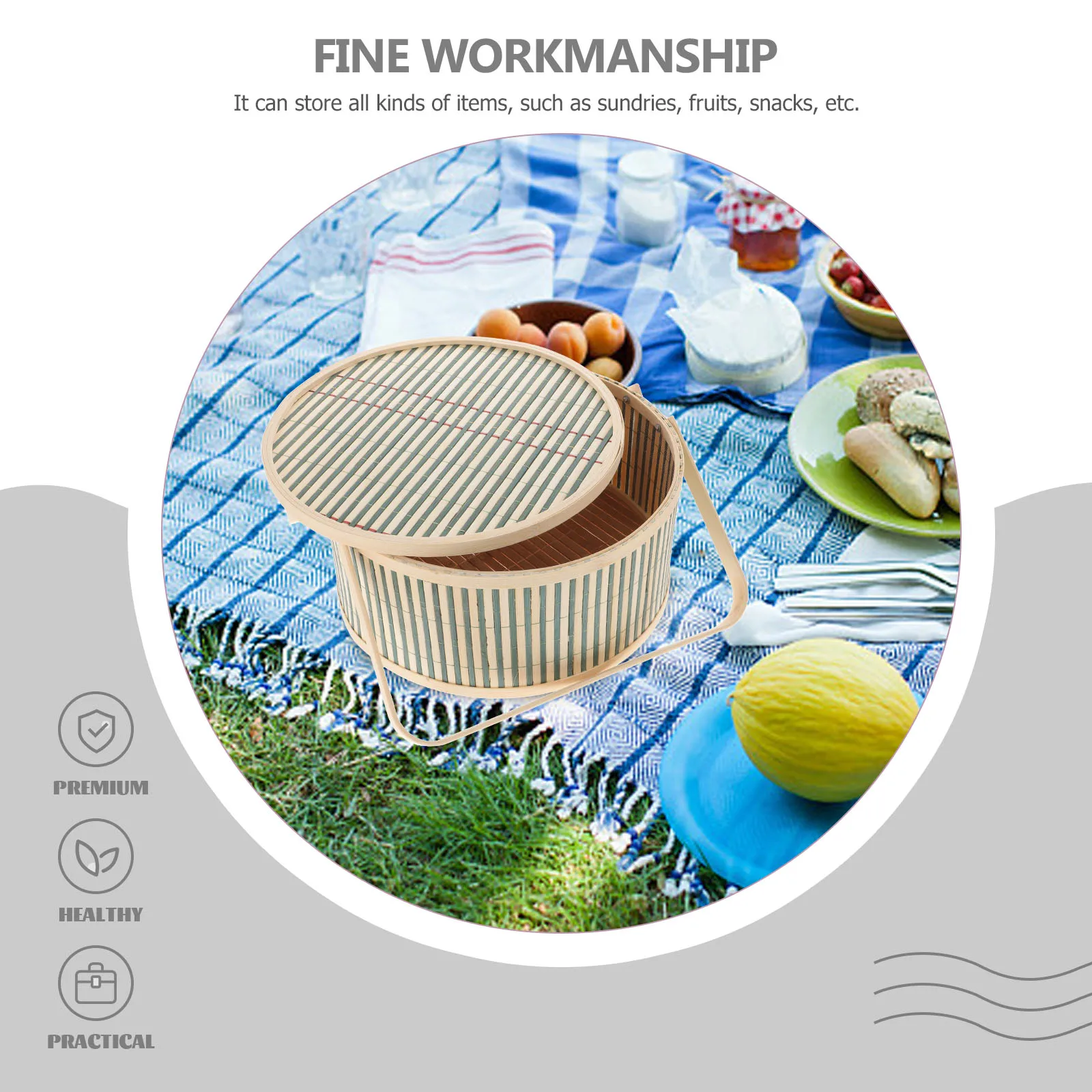 

Bamboo Picnic 26cmx12cm Dessert Woven Basket Green Round Woven Storage Fruit Vegetable Hamper H made Portable