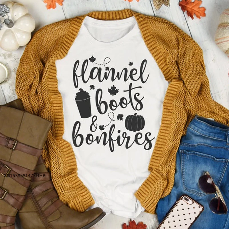 Flannel Boots & Bonfires T-Shirt Cute Pumpkin Spice Graphic Tee Shirt Top Autumn Women Thanksgiving Holiday Gift Tshirt Premium