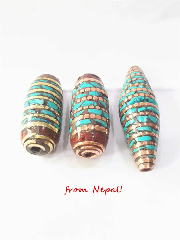 Nepal Hand Metal Beads Copper Silk Filled With Turquoise Big Shuttle Loose Beads for DIY NBB207
