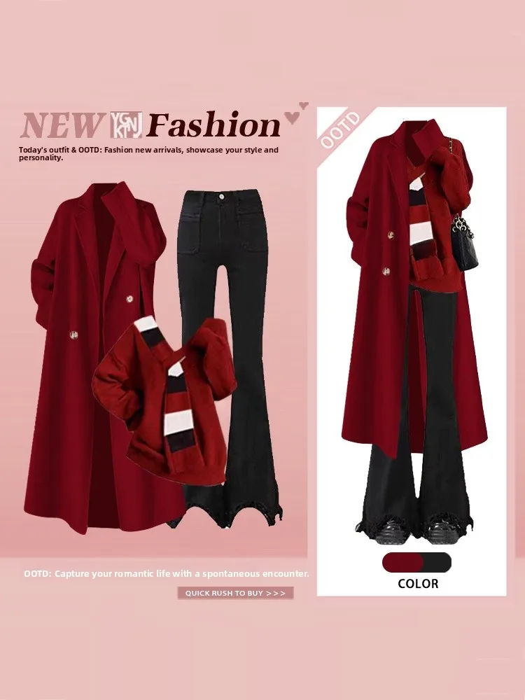 Winter Cisas Red Women's Korean Sle Long Knitted Sweater Coat Flared Pants Set Faionable Tee-Piece Suit for Ladies
