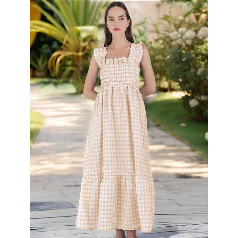 ABP-Vestido largo retro a cuadros para mujer, vestido largo con volantes y tirantes finos