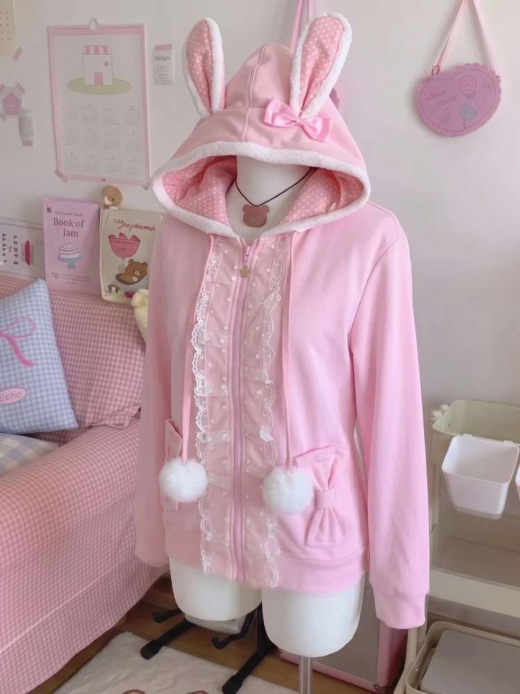 Sweet Kawaii Rabbit Ear Hooded Jacket Women Japanese Embroidery Design Y2K Harajuku Subculture Daily Outer Coat Ropa Mujer - view 5