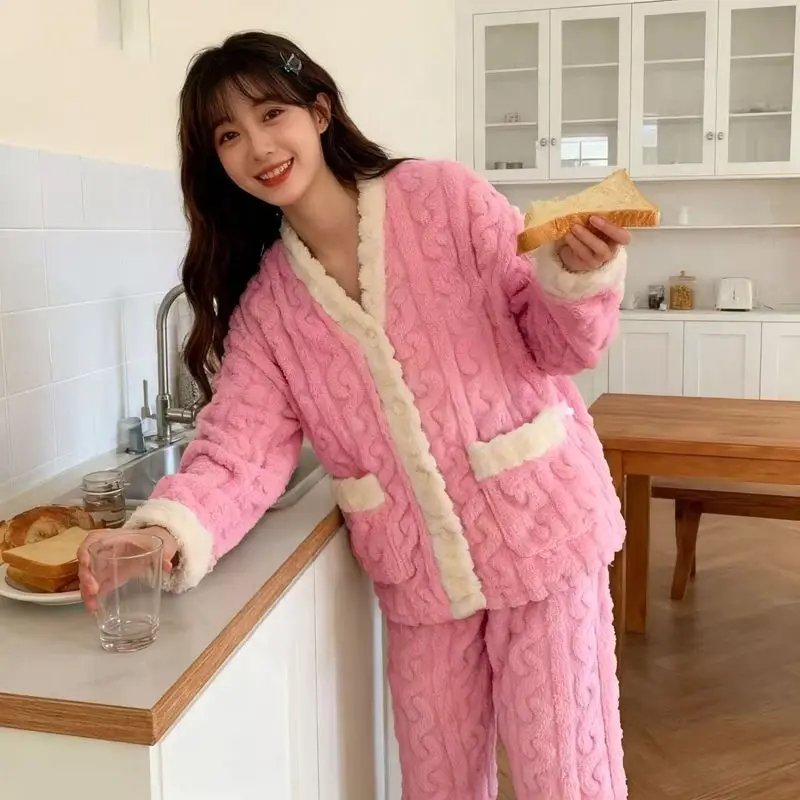 

Женский пижамный комплект из кораллового флиса на флисовой подкладке, зимняя теплая одежда для сна, уютная удобная фланелевая хлопковая домашняя одежда, новая модель