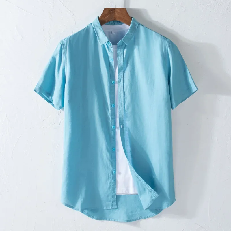 

Summer Blue Linen Shirt Boys Short Sleeve Button Up Top Casual Slim Fit Social Cotton Linen Shirt Plus Size Mens Dress Shirts