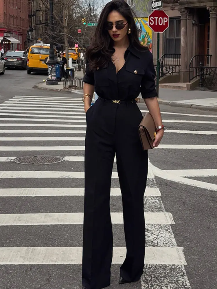 

Women Turn Down Collar Jumpsuit Long Sleeve Belt Gold Button Slim Top Straight-leg Pants 2025 Female Summer Fashion Streetwear