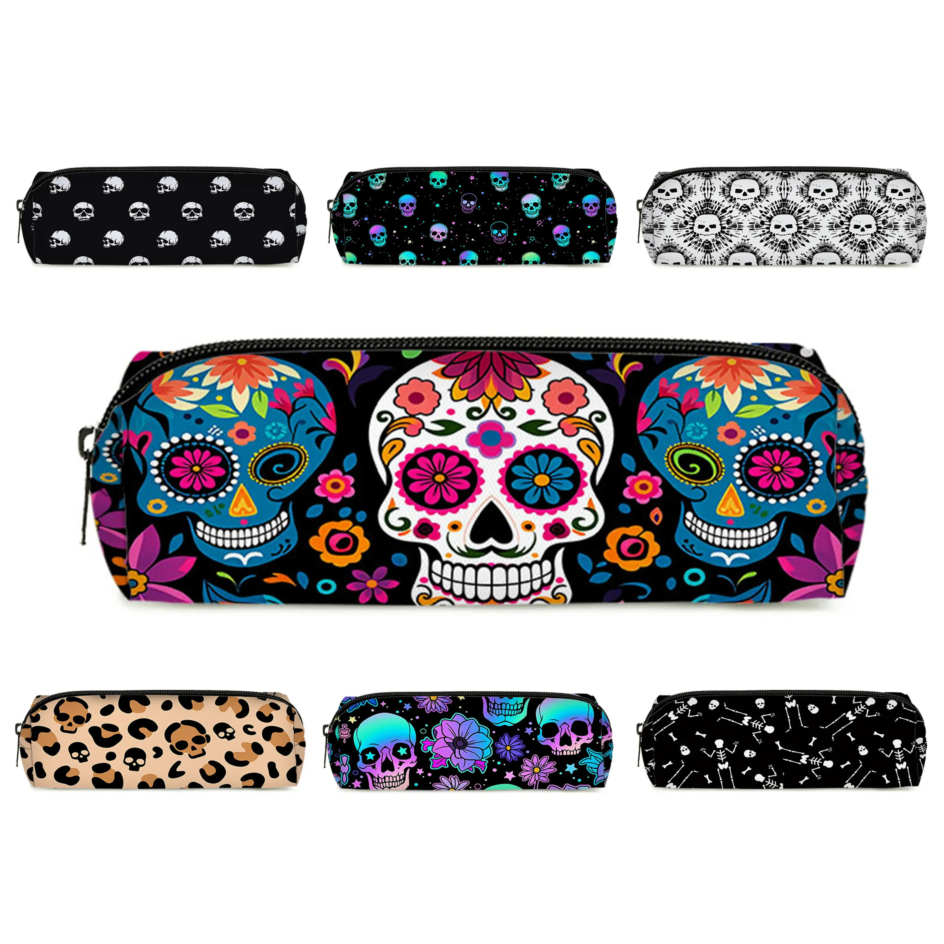 Flower Skull Single Layer Printed Pencil Case for Boy/Girls Best Gifts 2D Flat Cartoon School Supplies Pen Bag for Children
