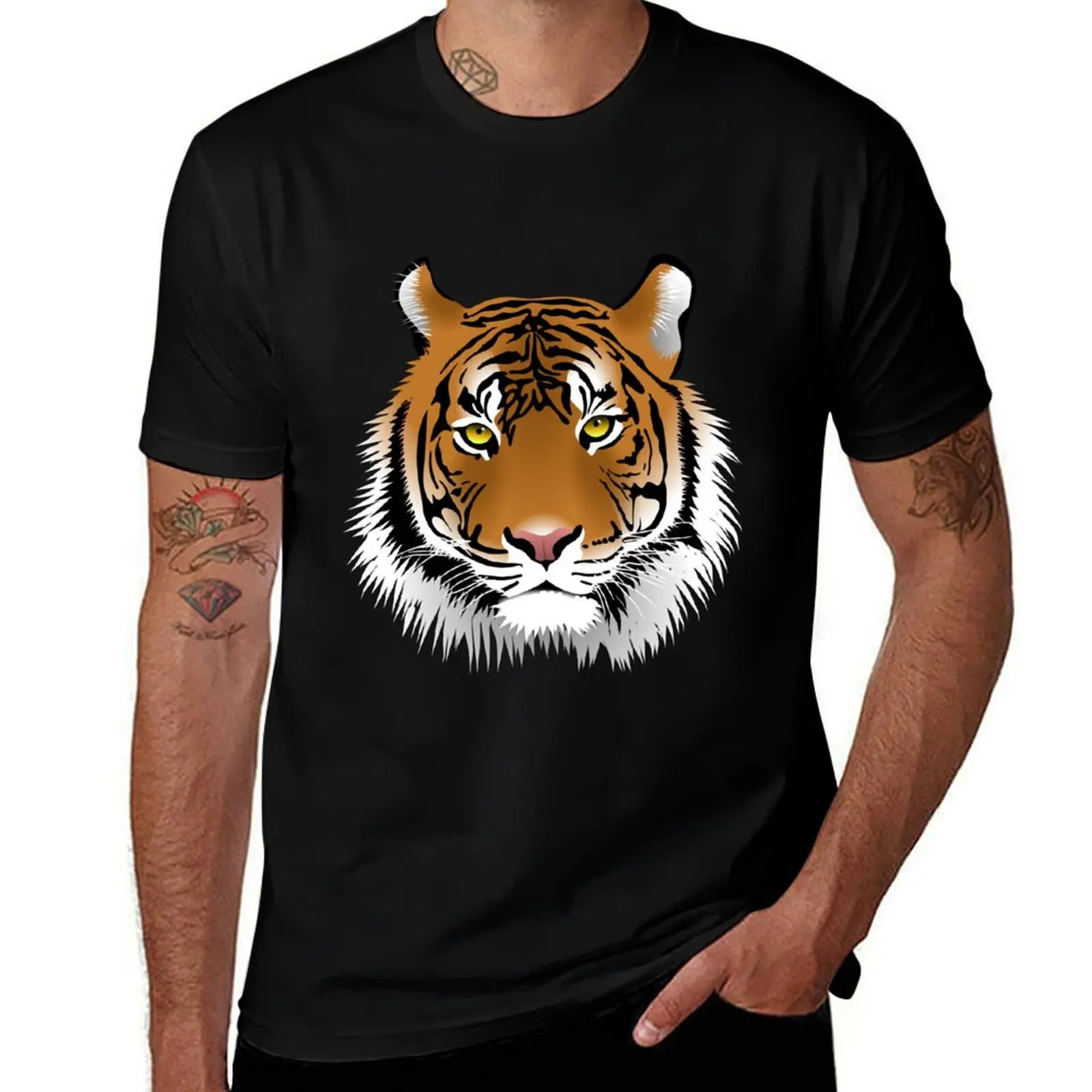 Magnificent Tiger Head Drawing T-Shirt Basic Solid Color Short Sleeve T-Shirt