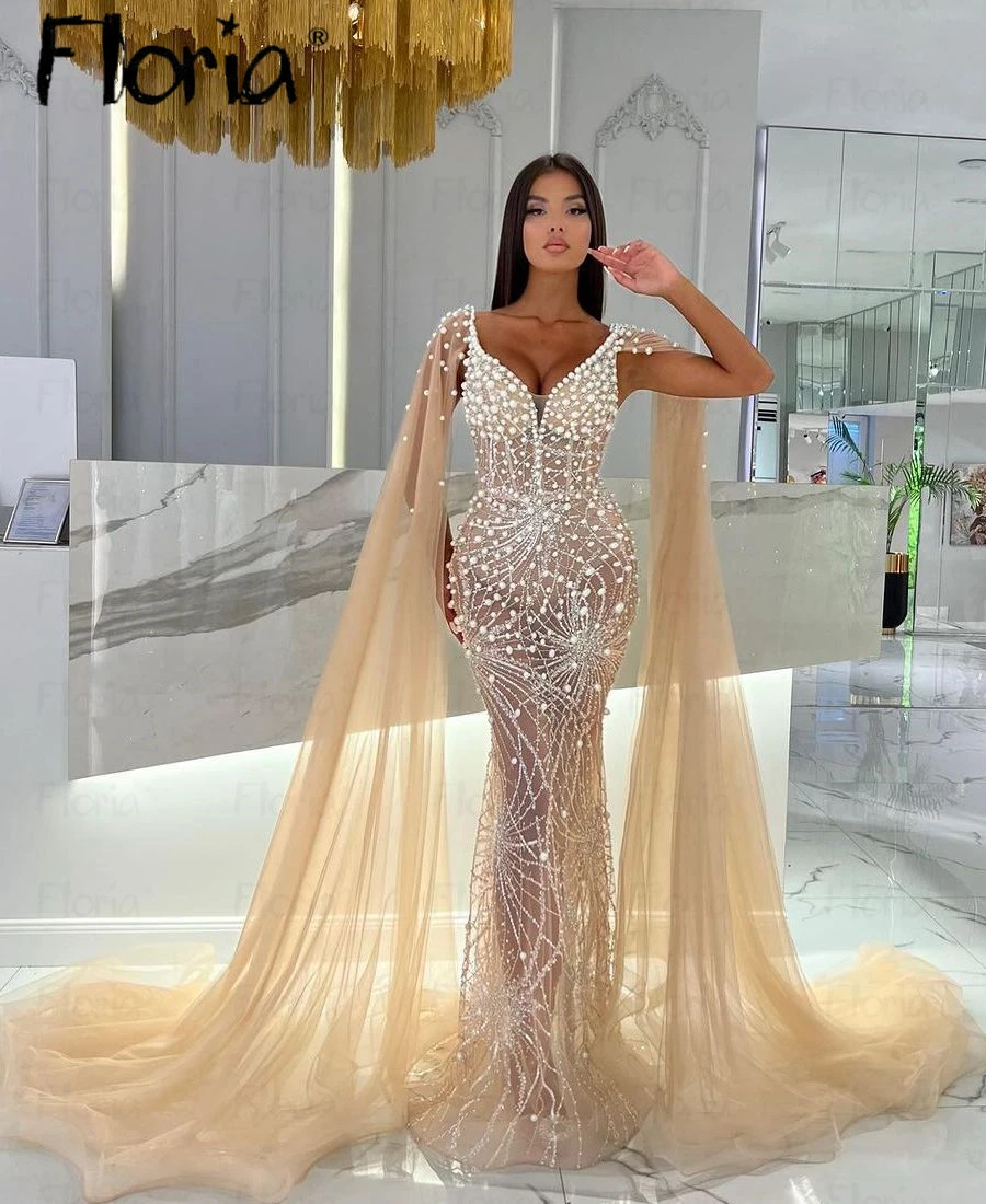 Vestido de fiesta de manga larga con cuello en V y perlas de sirena, vestidos de noche elegantes, champán claro, Dubai