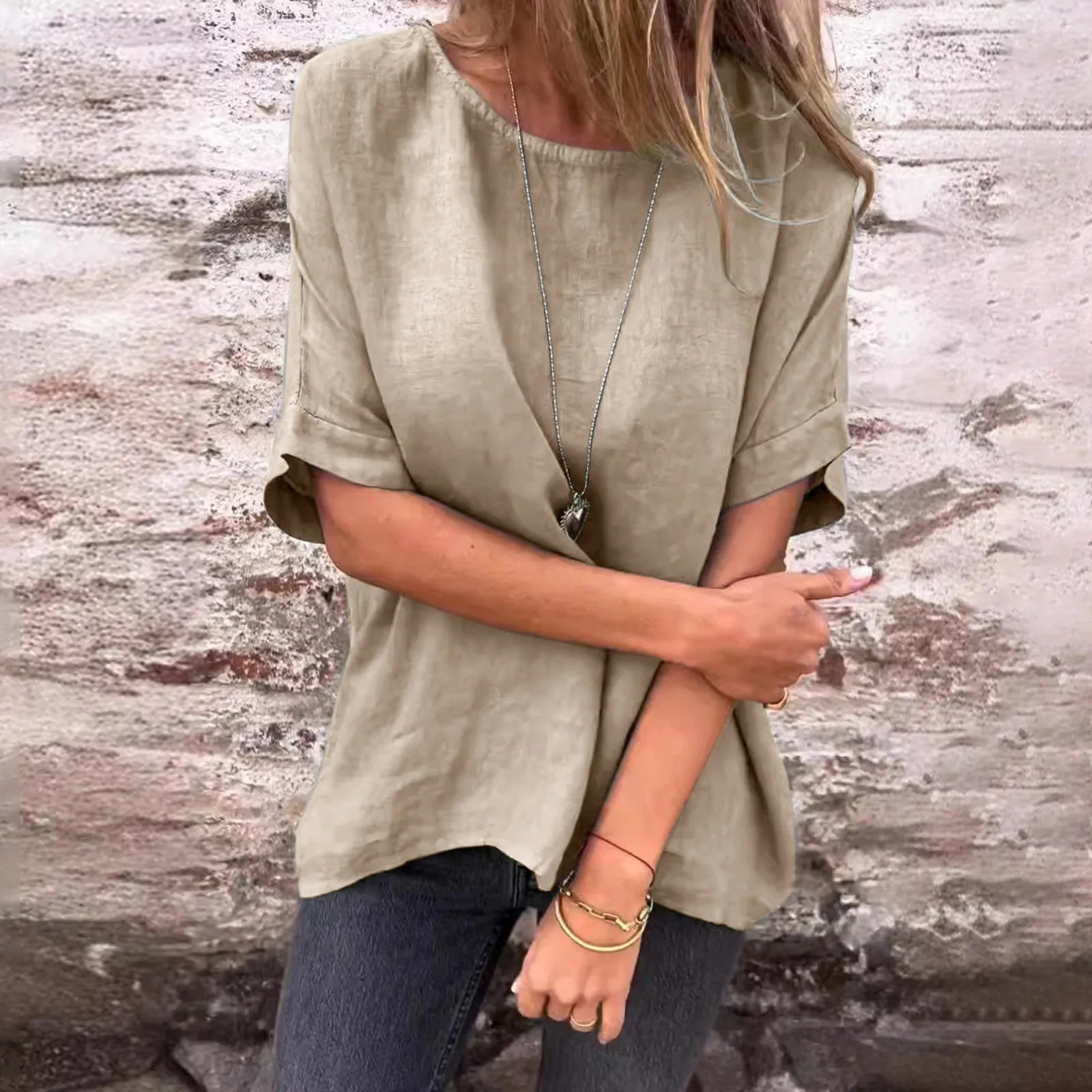 Cotton Linen Shirt Blouse for Women 2024 Summer Solid Color Half Sleeve O Neck Tops Vintage Female Clothing Streetwear