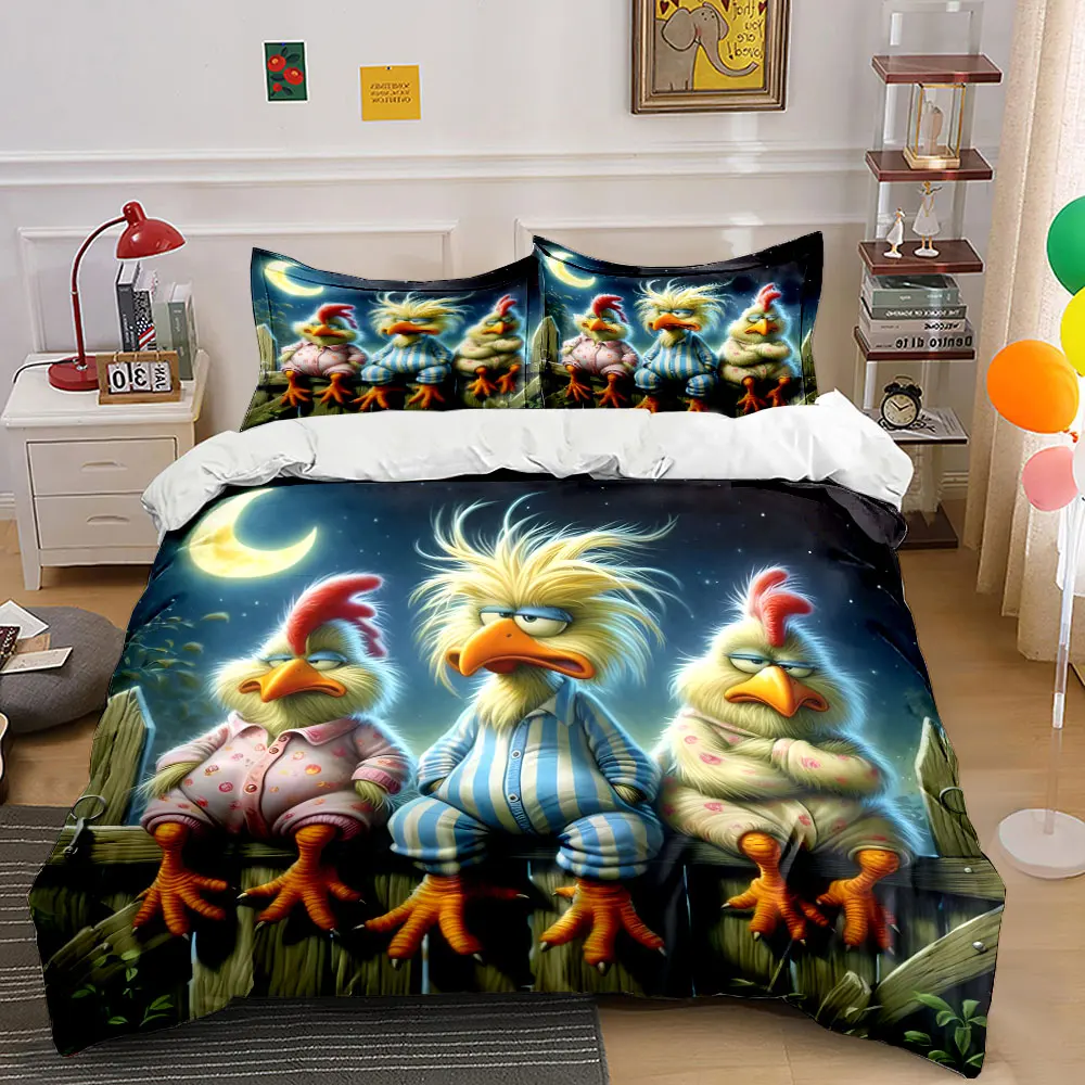 Three Lazy Chickens on Fence Bedding Set for Kids Luxury Gift 3pcs Digital Print Comforter Set Soft Comfortable Breathable