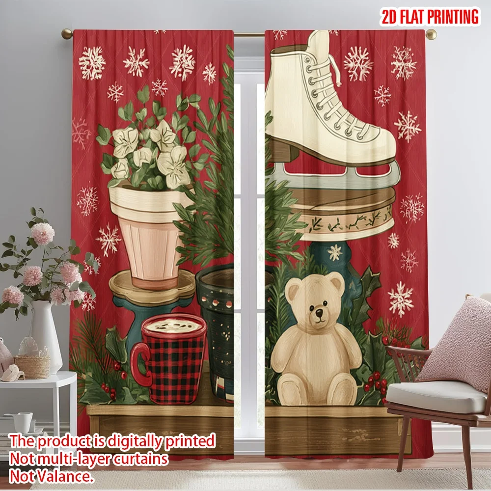 2pcs,2D plane printing Pattern Curtains Red & Green_ Holiday Patterns Durable Polyester (without rod) Holiday Perfect for Living