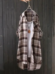 Thick Plaid Mid-Length Autumn Blouses Female Loose Women's Clothing Vintage Shirt Korean Style Winter Long Sleeve Blouse