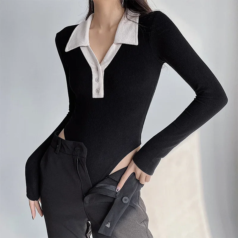 Sexy Lapel Color-blocking Long-sleeved Thin Female Casual Knitted Bodysuits Single-breasted Trend Slim Women's Clothing