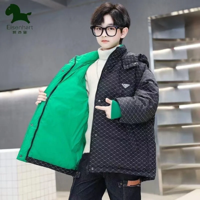 Boys' Cotton Jacket and Winter Clothing 2024 New Style Western-Style Mid Size Boys' Winter Down Cotton Jacket With Thick Coat