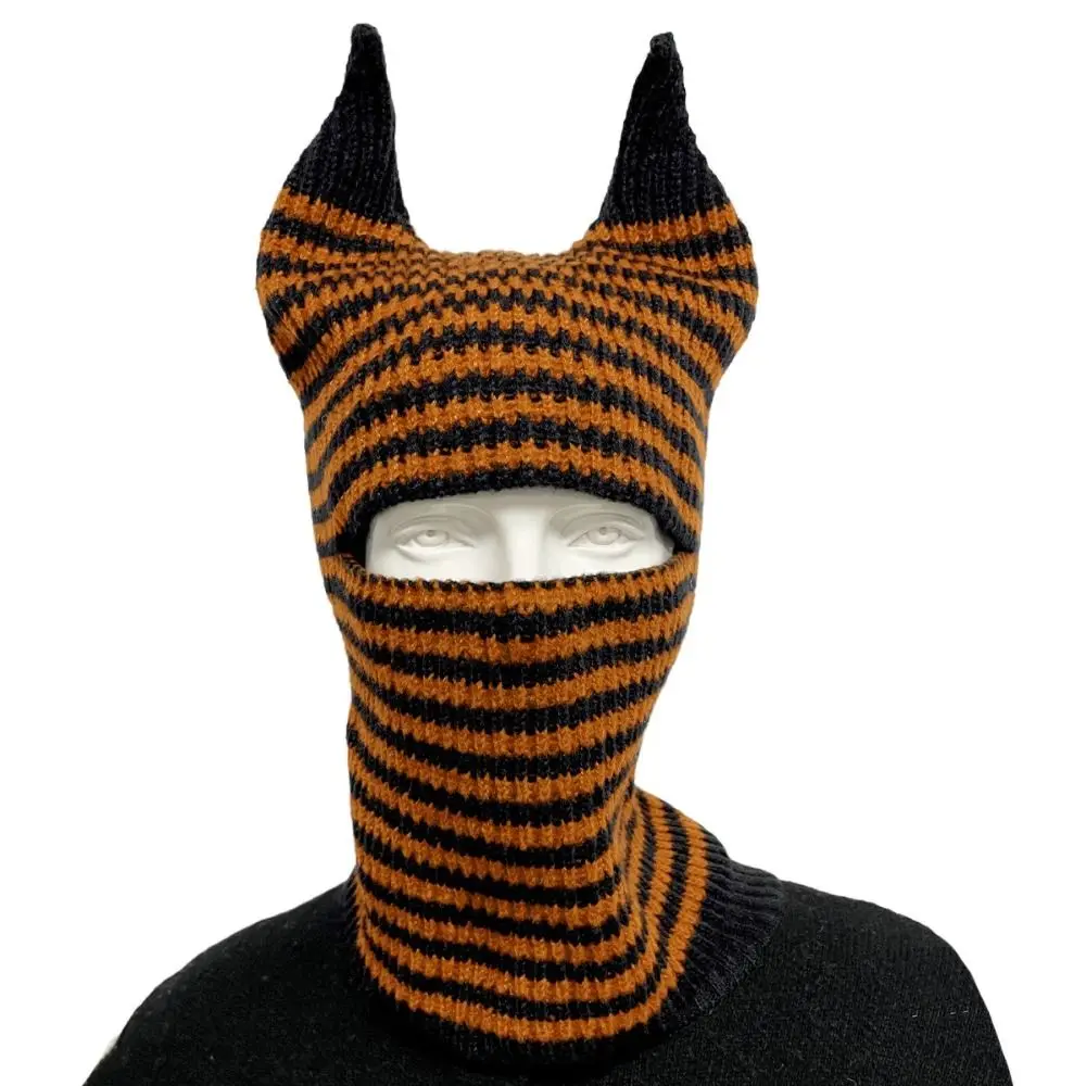 Riding Mask Cow Horn Cow Horn Knitted Hat Multifunctional Letter Cap Riding Mask Stripe Turban Versatile Headscarf Autumn