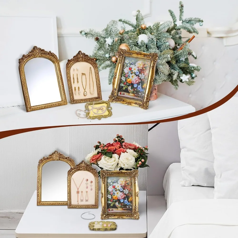 طقم فانيتي عتيق مكون من 4 قطع، مرآة ذهبية عتيقة، إطار راتينج قديم، منظم مجوهرات لديكور غرفة النوم