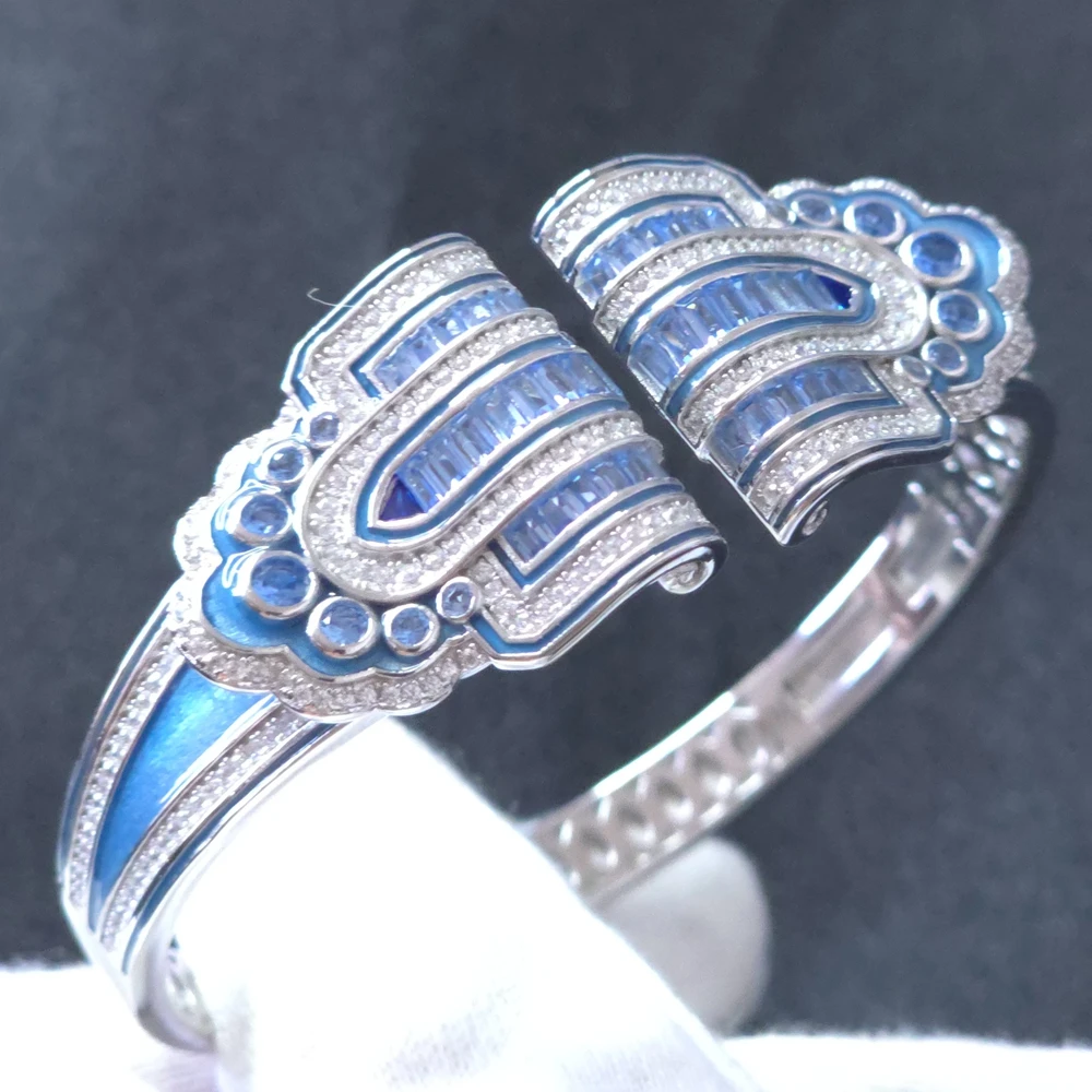 KQDANCE Luxury 925 Sterling Silver Cuff Bangles Bracelets Hypnotic Blue High Carbon Diamond Stone Fine Jewelry For Women