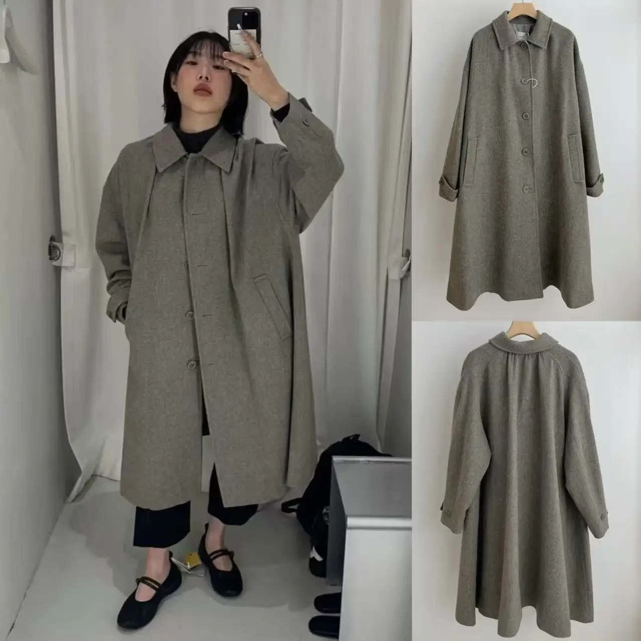 

Heavyweight Wool Coat Cloak Sle Trumpet ape Long Sve Winter Faion Women's Commuting Sle Single Button Closure