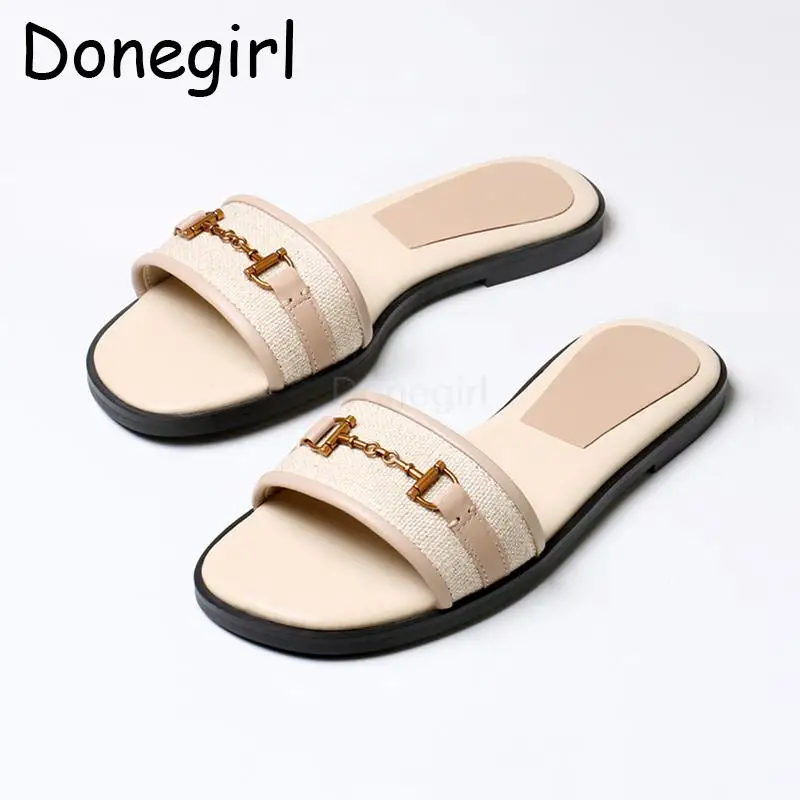 

Donegirl 2024 New Summer Women Leather One Word Drag Metal Decoration Flat Shoes Casual Versatile Sandals Slippers Female Chic