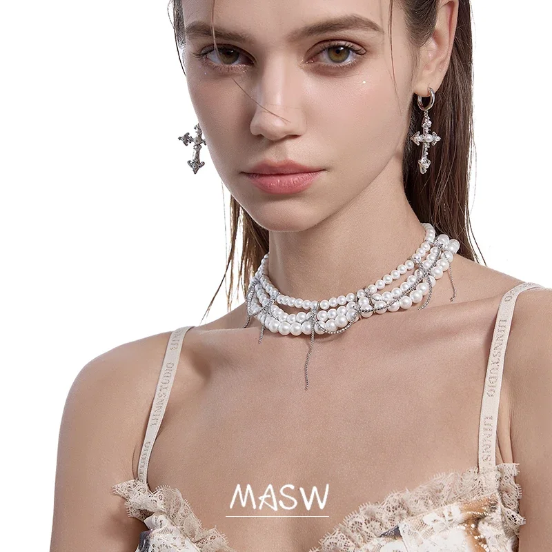 MASW Original Design Elegant Temperament Three Layer Simulated Pearl Choker Necklace For Women Wedding Gifts 2024 Trend New