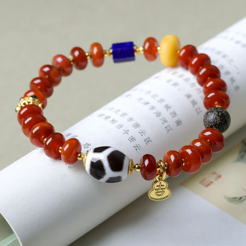 Original design nanhong agate strings Wenchuan fujia dzi lapis lazuli beeswax new Chinese Lunar New Year Red bracelet