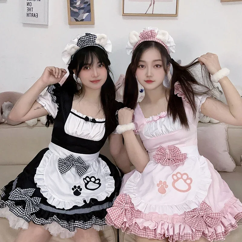 Disfraces de cosplay de mujer, falda de gatita anime blanca y rosa, atuendos de camarera con delantal para fiesta de carnaval