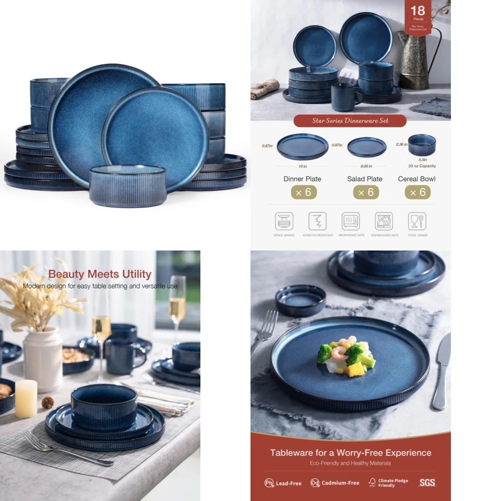 

Набор керамической посуды. Современный набор столовой посуды из 18-х предметов из керамогранита на 6 со звездным дизайном. Элегантные тарелки и миски.