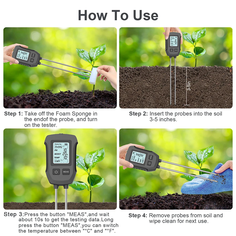 Dual-เข็มเครื่องทดสอบดิน 3/5 in 1 Soil PH Meter Multifunctional Fertility/ความชื้น/PH/อุณหภูมิ/แสงแดดเครื่องตรวจจับ Backlight