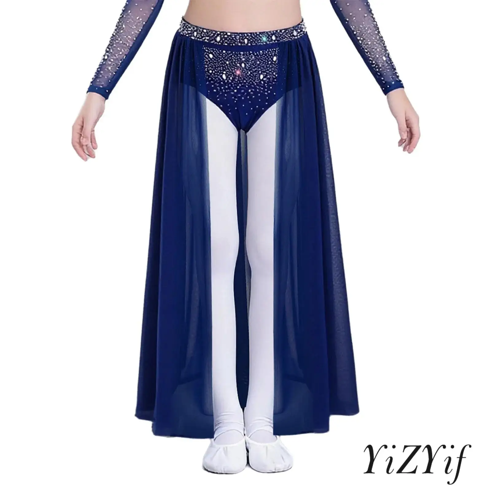 

Girls Lyrical Modern Dance Skirt Shiny Rhinestones Open Front Flowy Sheer Mesh Skirt with Built-in Briefs for Ballroom Dance