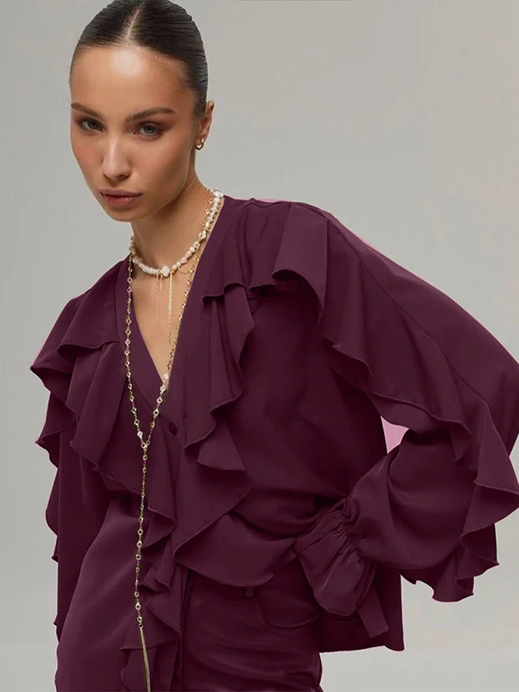 

Elegant Chiffon Ruffle Shirts For Women Casual V Neck Single-breasted Full Sleeve Blouse Female 2025 Lady New Summer Commute Top