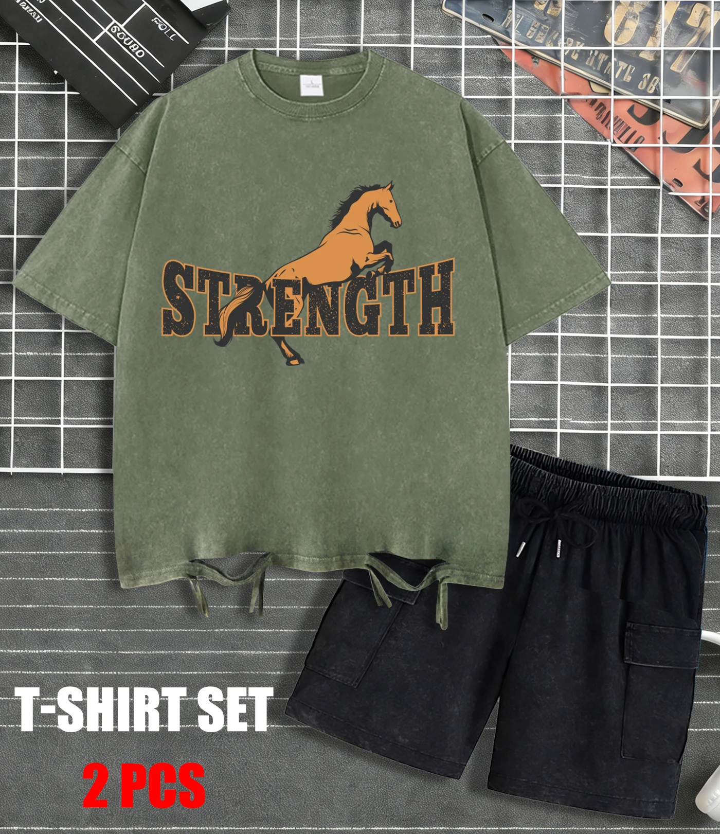 

The Year Of The Horse Is Full Of Strength Washed T Shirts Men Colour Soft Cotton Street Set Fashion Clothing Unisex Retro Shorts