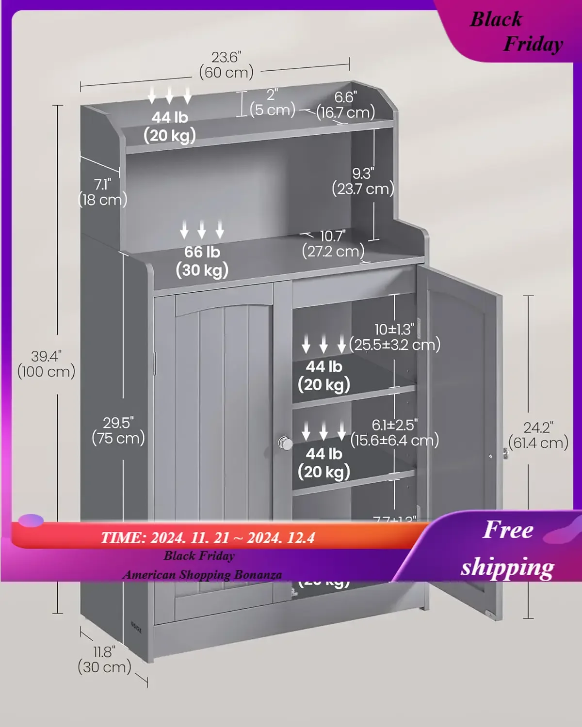 Mueble de almacenamiento para baño, mueble de suelo para baño con 2 puertas, 2 estantes ajustables, independiente